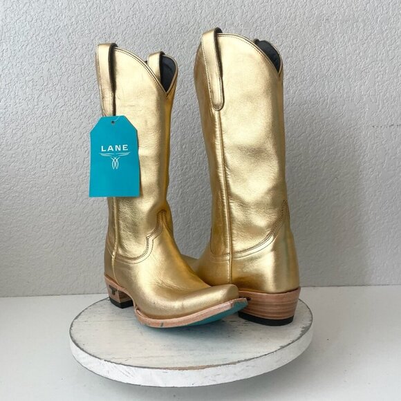 Lane EMMA JANE Womens Cowboy Boots 7.5 Gold Western Cowgirl Mid Calf Tall Boot - Picture 1 of 13